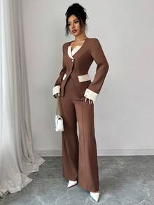 SHEIN Elenzya Women's Elegant Brown Contrast Color Casual/Office/Formal Suit Set, Autumn - Brown - View 4