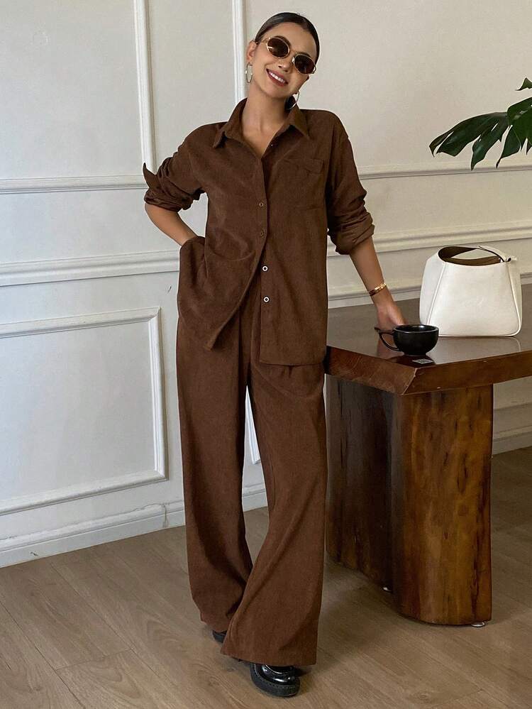 Women's Casual Commuter Solid Color Shirt And Pants 2 Pieces Set