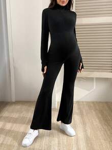 SHEIN Solid Color Turtleneck Tight Flared Maternity Jumpsuit - Black - View 2