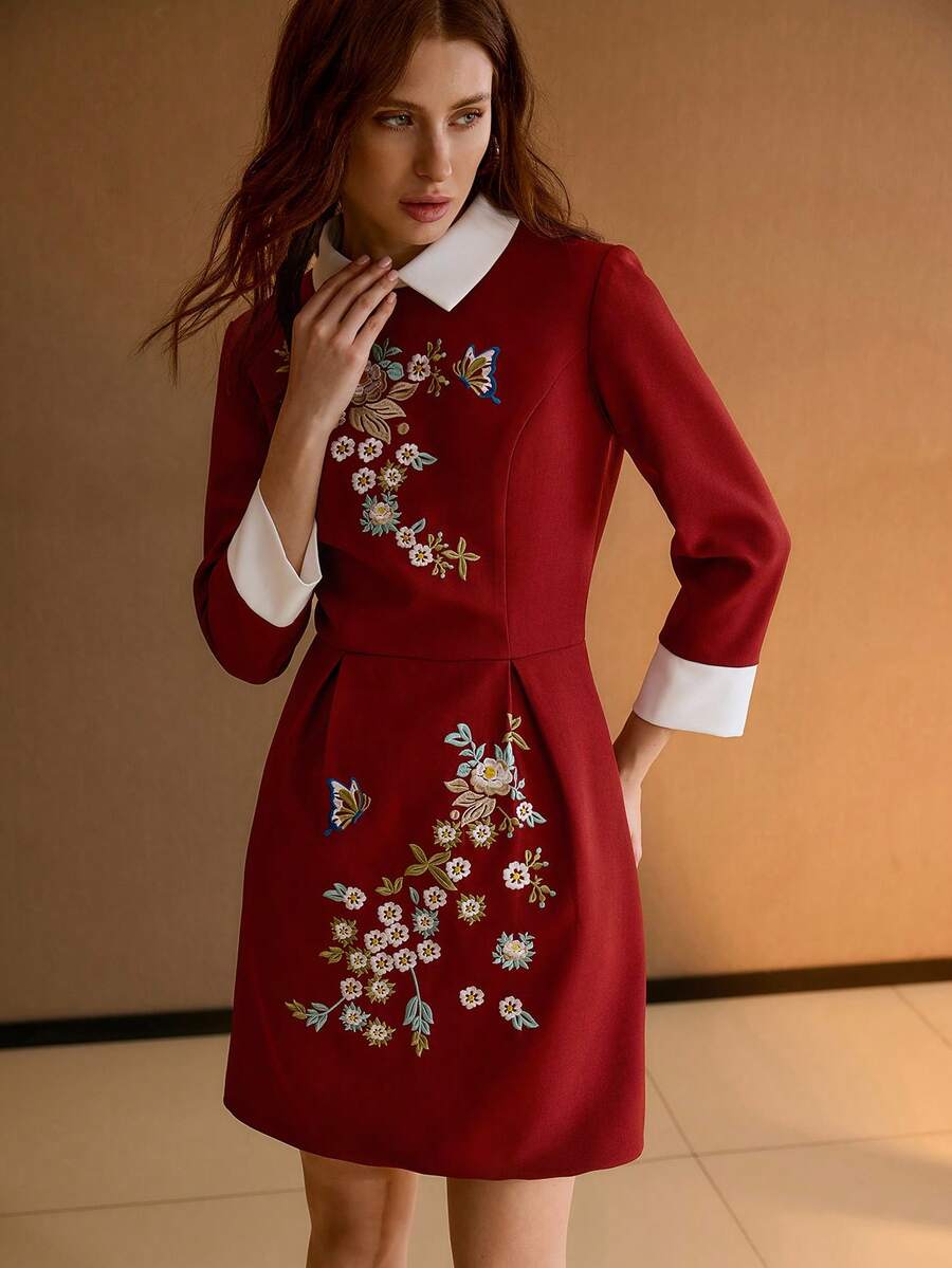 MOTF PREMIUM FLORAL EMBROIDERY CONTRAST TRIM SHORT DRESS - Red - View 1