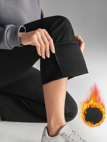 SHEIN Sports Celana Panjang Wanita Kasual Sehari-hari untuk Berpergian, Warna Polos Sederhana, Model Lebar dengan Kantong Miring, Lapisan Termal untuk Kehangatan - Hitam - View 3