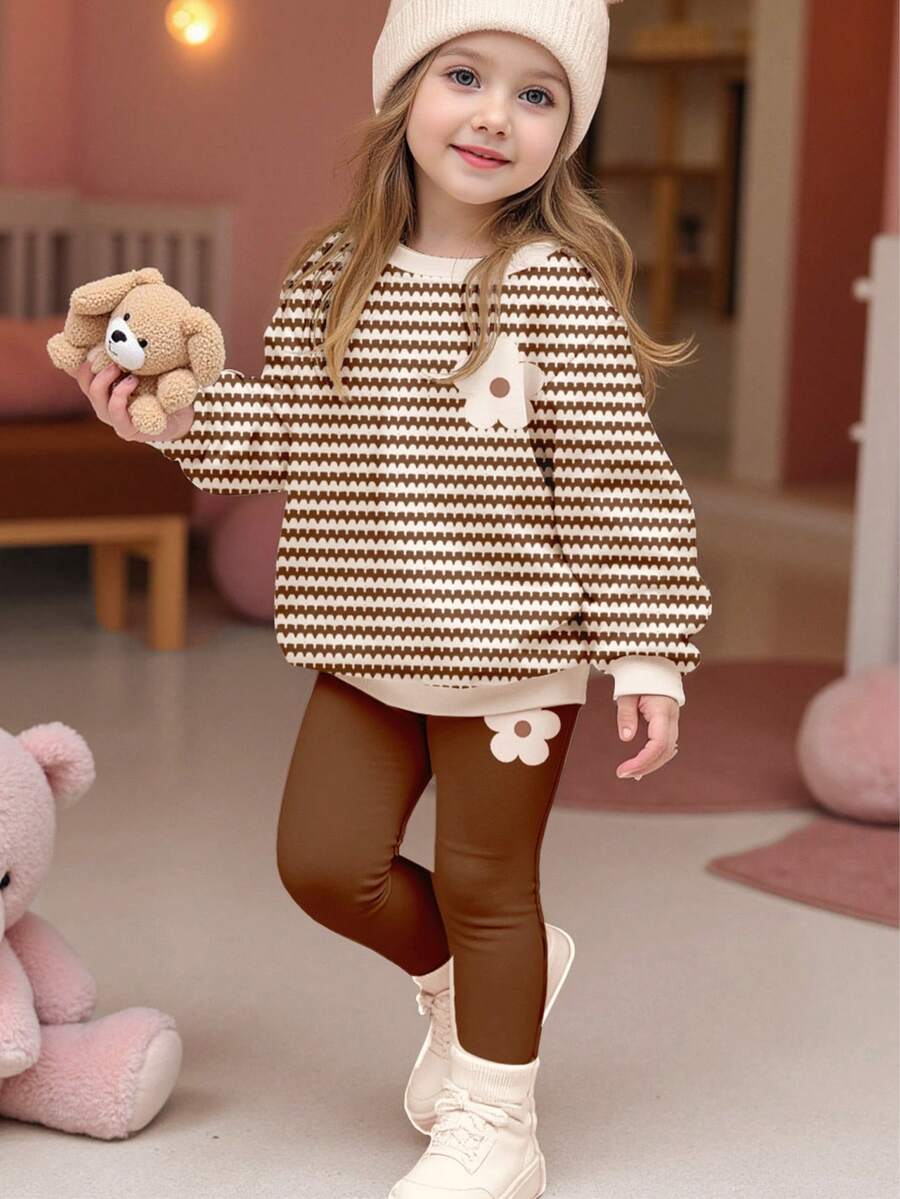 SHEIN Happikins Mocha Brown Striped, Minimalist Floral Print, Young Girl Casual Comfortable Soft Thick Warm Crew Neck Long Sleeve Sweatshirt And Leggings Set, Suitable For Autumn/Winter Everyday, Home, And Holidays - Multicolor - View 1