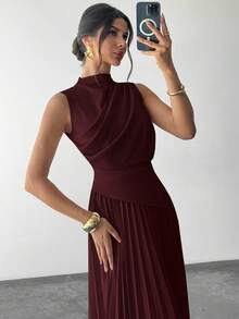 Firerie 女士优雅荷叶边无袖A字连衣裙/伞裙/返校季/学生装/派对/老钱风/外出装/派对装/办公室装/仿杏色半身裙 - 酒紅色 - 查看 2