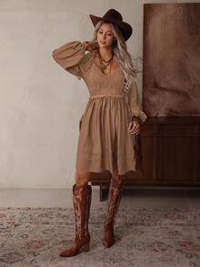 LanaWest Váy ngắn phong cách Bohemian cổ điển màu mơ thời trang cho nữ, tay dài, cạp chun, viền rộng, cổ chữ V khoét rỗng, chắp vá, thu đông - Màu Khaki - Xem 3