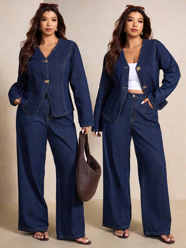 Elaquor بدلة جاكيت جينز وبنطلون للحجم الكبير للتنقل اليومي