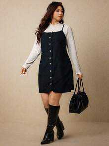 Elaquor Plus Size Women 2pcs Set: Solid Color Frill Collar Long Sleeve Top And Single-Breasted Strap Dress - Black and White - View 4