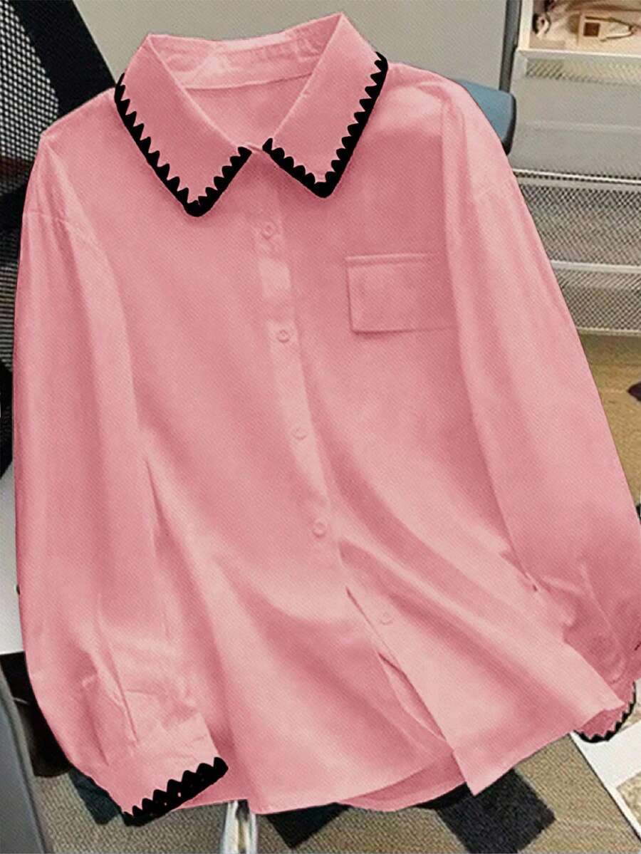 SHEIN LUNE Plus Size Color Block Drop Shoulder Long Sleeve Front Button Casual Elegant Versatile Shirt - Pink - View 1