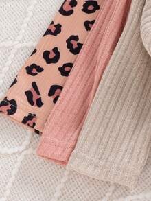 SHEIN Playful Pals 6pcs Infant Girl Spring & Autumn Casual, Simple, Cute, Sweet Brown Leopard Print Top, Pink/Apricot Top Paired With Matching Pants, 3 Sets Combination Outfit Suitable For School & Daily Wear