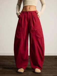 Easelle 街头风休闲红色编织弯刀女裤 - 酒紅色 - 查看 8