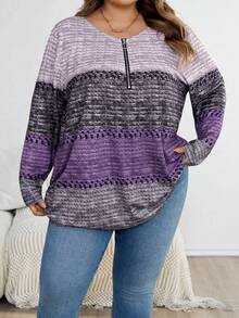 SHEIN CURVE+ 大码女式圣诞棕色领拉链设计T恤，圣诞主题女式T恤，大码秋冬服装 - 彩色 - 查看 5