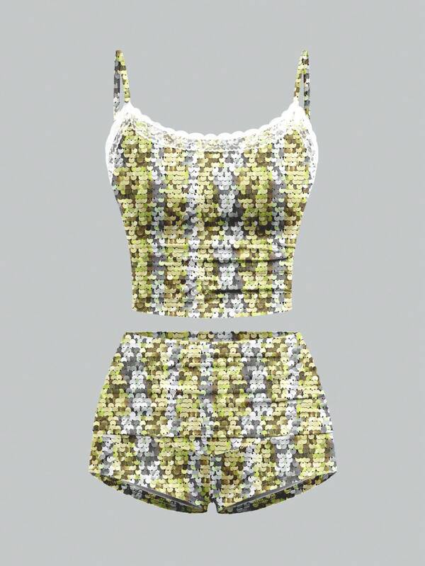 Shutterstock Glamance 2pcs Metallic Sequin Women Outfit, Suitable For Loungewear And Music Festival Party, New Year Clothing For Winter