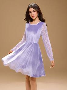 Teen Girl Long Sleeve Round Neck A-Line Christmas Elegant Party Dress - Purple - View 1