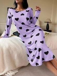SweetSlumber 女士休闲爱心印花长袖睡裙，冬季 - 紫色 - 查看 3