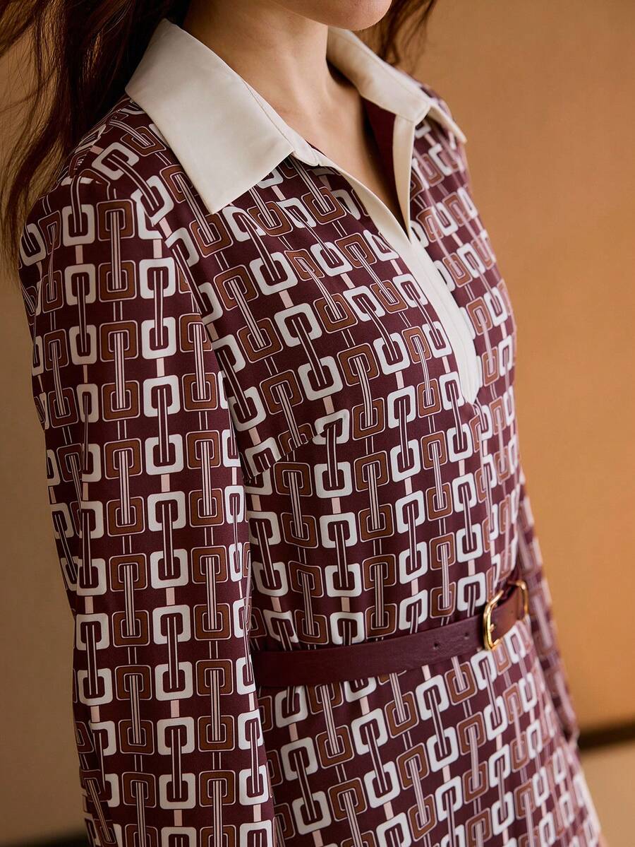 MOTF PREMIUM WOMEN'S CHAIN PRINT COLOR BLOCK SPLICE COMMUTER ELEGANT SHIRT COLLAR CINCHED WAIST LONG SLEEVE DRESS WITH BELT - Burgundy - View 2