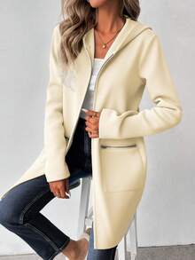 女式秋季长袖连帽夹克，落肩，卫衣材质，拉链装饰，中长款，休闲 - 杏色 - 查看 5