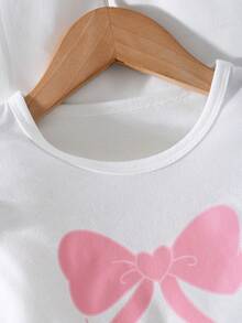 Girls Light Pink Autumn School Casual Cute Bow Print Flutter Sleeve T-Shirt & High Waist Embroidery Denim Skirt Set,Suitable For All Seasons - White - View 6