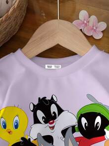 LOONEY TUNES X SHEIN 男童全印花卡通可爱英文字母图案圆领长袖舒适休闲卫衣，紫色，秋冬 - 白色 - 查看 3