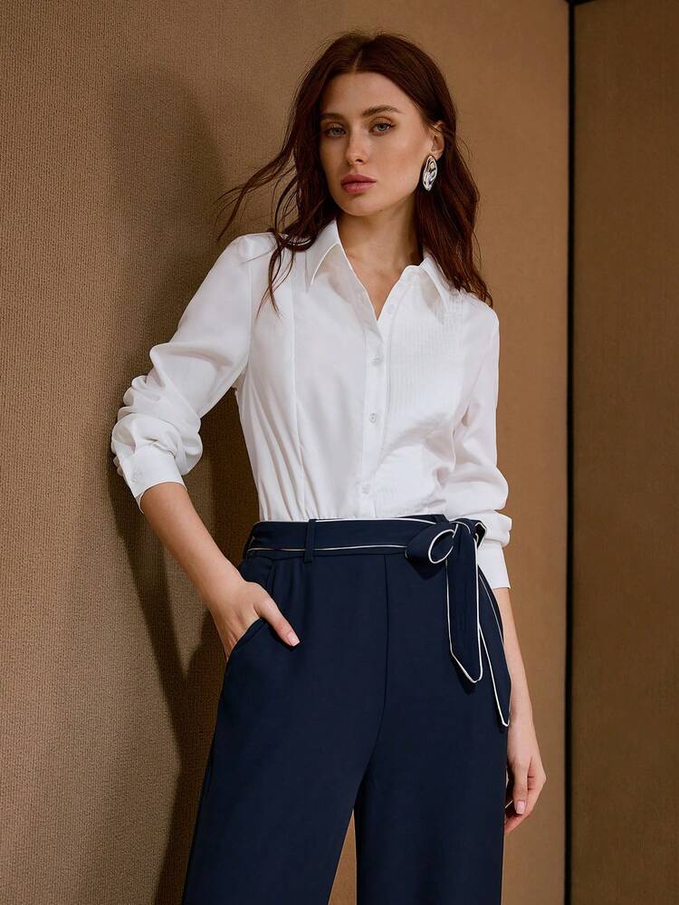 WOMEN'S SOLID COLOR FOLD PLEATED PANEL REGULAR ELEGANT COMMUTER VERSATILE SHIRT, SPRING/AUTUMN