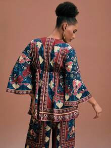 JIAN LASALA Mehrfarbiges Boho-Lässig-Top mit V-Ausschnitt, elastischem Bund, weiten Ärmeln und Allover-Muster für Frauen, ideal für Urlaub und Ferien, afrikanischer Muster, elegantes Ibiza-Grafik-Top - Verschiedenfarbig - Übersicht 2
