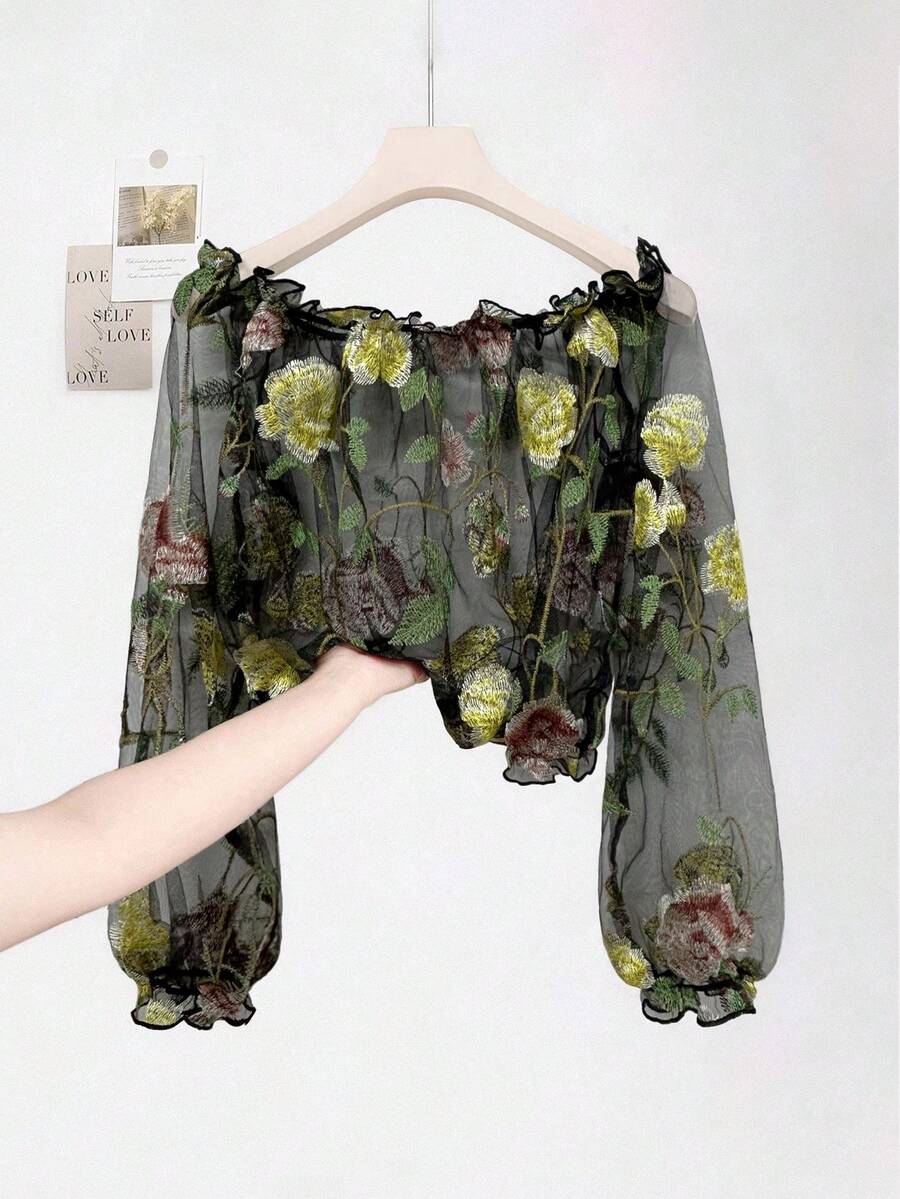 SHEIN LUNE 女士时尚透明网眼钩针刺绣花卉露肩灯笼袖短款上衣 - 彩色 - 查看 1