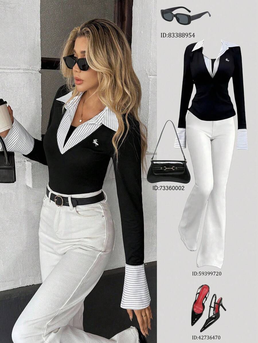 Pariaura 秋冬时尚二合一刺绣长袖女式T恤 - 黑與白 - 查看 1