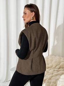 Auralis Plus Size Solid Color Minimalist Sleeveless Vest/Winter Office Old Money - Khaki - View 2