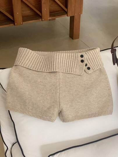 Comfortcana Shorts cortos de punto acanalado de caqui casual para mujer, otoño/invierno