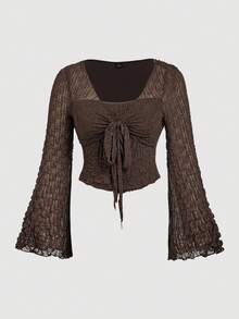 SHEIN MOD Bộ váy đuôi cá tay loe họa tiết gợn sóng màu nâu cỡ lớn, bộ 2 món họa tiết cổ điển cho mùa thu/đông - màu nâu - Xem 3