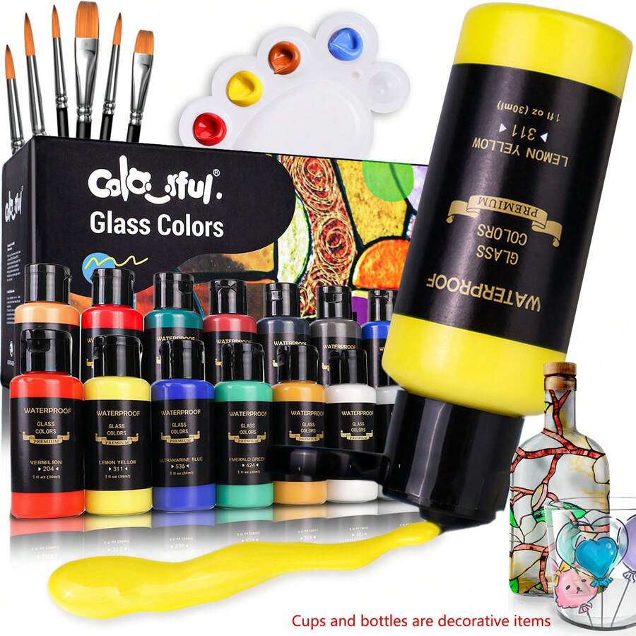 14/24 Colors Stain Glass Paint Set With 6 Paint Brushes & 1 Palette, 30ml/1.01oz Tube Glass Colour Paints, Waterproof Permanent Glass Painting Kit For Arts On Canvas, Wine Glasses, Bottles & Windows,12 Colors Glass Paint Set,12ml/0.4oz Tube - As Shown - View 1