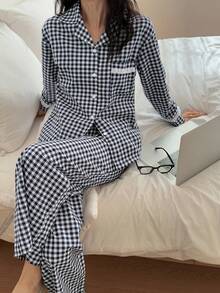 DAZY Women's Plaid Print Patchwork Pocket Ruffle Trim Long Sleeve Top And Pants Pajama Set, Spring/Autumn, Winter Clothes - Blue and White - View 3