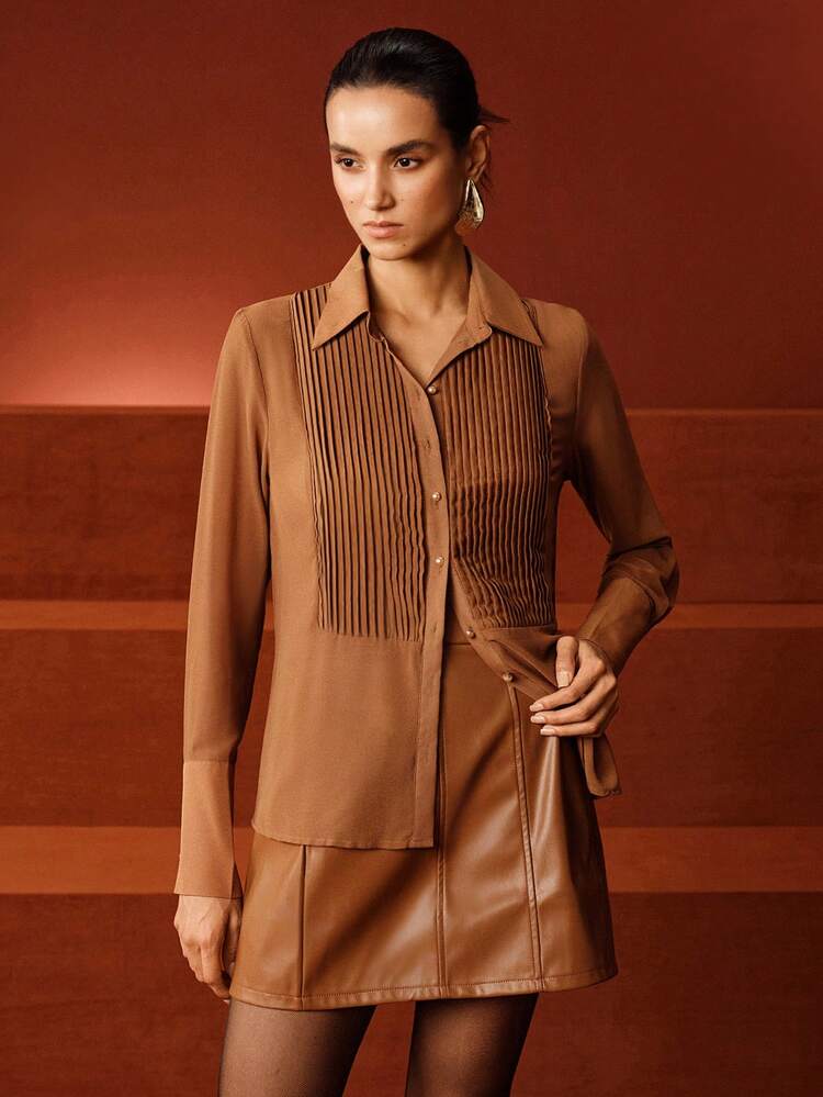 Women's Khaki Long Sleeve Pleated Collar Semi-Sheer Elegant Blouse, Casual Autumn/Spring
