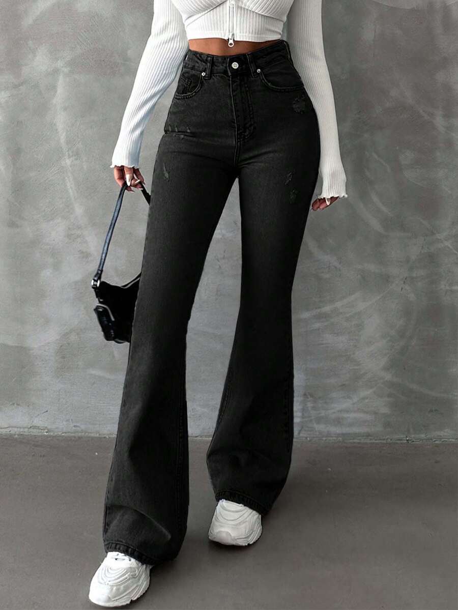 SHEIN Tall TALL 98%Cotton Solid Color Slanted Pocket Casual Flared Jeans Flare Jeans Women Black Flare Jeans Black Flare Pants Wide Leg Jeans - Dark Wash - View 1