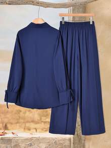 Rusticease 两件套女士褶裥前开襟长袖上衣和松紧腰阔腿裤套装 - 藏蓝色 - 查看 4
