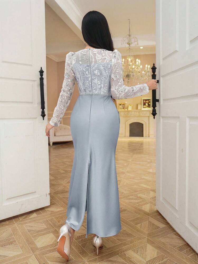 DAZY Women's Floral Patchwork Sequin Bubble Hem Long Sleeve Maxi Party Dress Elegant Women Dresses Prom Dress - Silver - View 4