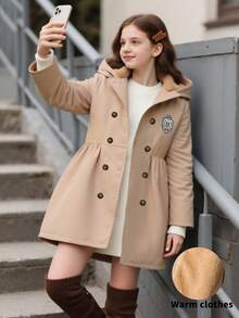 SHEIN Chaqueta de invierno casual con capucha y forro térmico para niñas de largo medio - Caqui - Ver 1