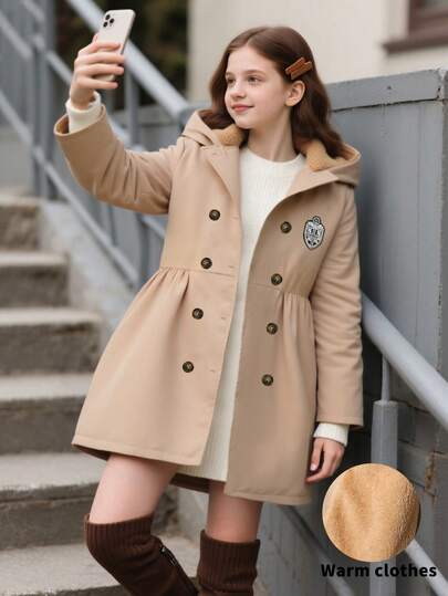 SHEIN Girls' Mid-Length Hooded Casual Thermal Lined Winter Jacket