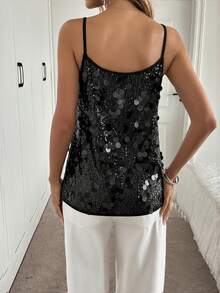 Easowa Sequin V-Neck Camisole, Casual Loose Elegant Commuter Vintage Style For Women, Autumn/Winter - Black - View 2