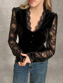 Ardnt 哥特风V领丝绒撞色蕾丝上衣，百搭派对装，女士叠穿上衣 - 黑色 - 查看 3