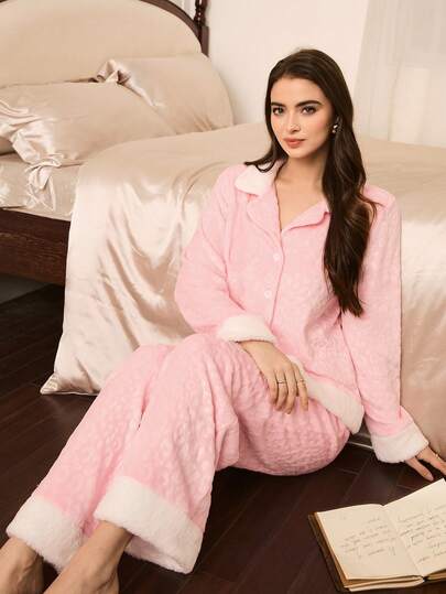 Moireta Elegante Roze Leopard Jacquard Patchwork Thick Contrast Fringe Collar Button Front Long Sleeve Cozy Pyjama Set Fluffy Clothes