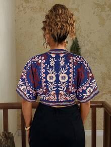 Travachic Áo sơ mi nữ tay cánh dơi in hoa cỡ lớn, thắt eo thời trang - Màu xanh lam - Xem 2