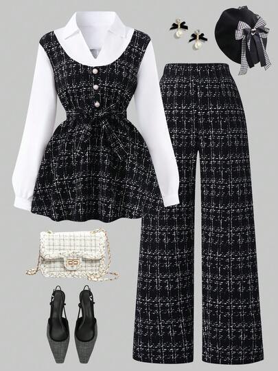 SHEIN 2pcs/Set Teen Girl Elegant Commuter Color Block Shirt & Pants Suit