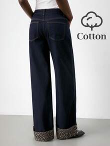 Maija 秋季女士时尚豹纹拼接卷边阔腿牛仔裤 - 深色水洗藍 - 查看 2