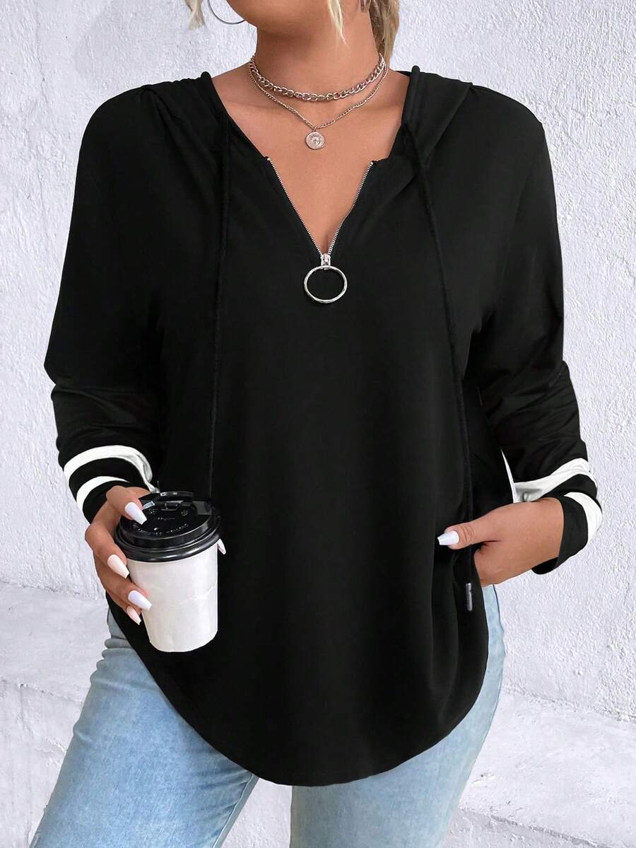 SHEIN LUNE Plus Striped Trim Curved Hem Drop Shoulder Drawstring Hooded Tee Graphic Tees Women Tops - Black - View 1