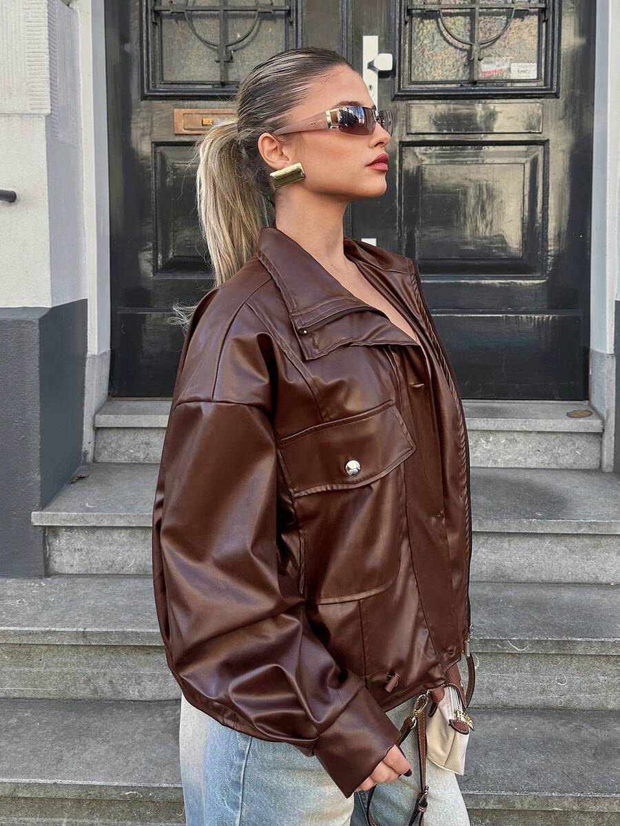 EURMUSE RueChic PU Leather Stylish Hidden-Fly Detailed Women's Jacket - Chocolate Brown - View 1