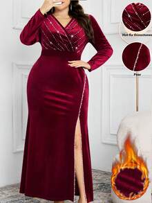 Modelyn Vestido elegante con abertura alta y adornos de strass para tallas grandes - Burdeos - Ver 1