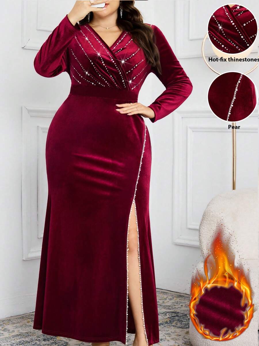 Modelyn Vestido elegante con abertura alta y adornos de strass para tallas grandes - Burdeos - Ver 1