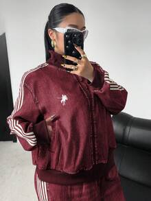 POPSWAY Chaqueta con cremallera de manga larga con estampado de mezclilla sintética + Pantalones rectos sueltos con estampado de mezclilla sintética, conjunto de 2 piezas elegante, retro, casual, para vacaciones y universidad, talla grande para otoño/invierno - Burdeos - Ver 3