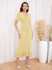 Modelyn Burgundy Red Women's Solid V-Neck Short Sleeve Single-Breasted Maxi Elegant Knitted Sweater Dress - Light Yellow - View 3