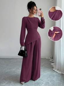 SHEIN Raffinéa 2pcs Women Solid Color Fold Hem Asymmetrical Hem Long Sleeve Set - Purple - View 8