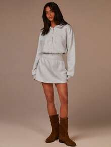 Athîral Women's Casual Grey Belted Zip-Up Half-Open Sweatshirt Dress, Soft And Warm Knit Fabric, Autumn And Winter Outfits, Grey Shorts Dress,Clothes For New Year - Light Grey - View 4
